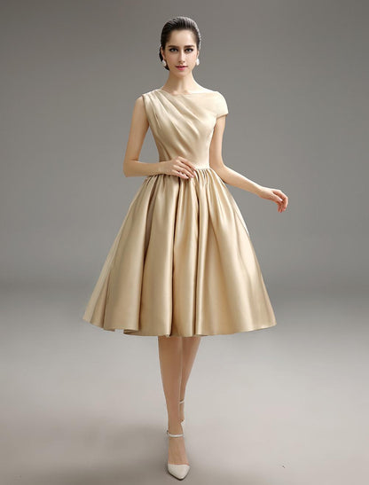 A-Line Gold Champagne Pleated Satin Cocktail Dress Party Dresses