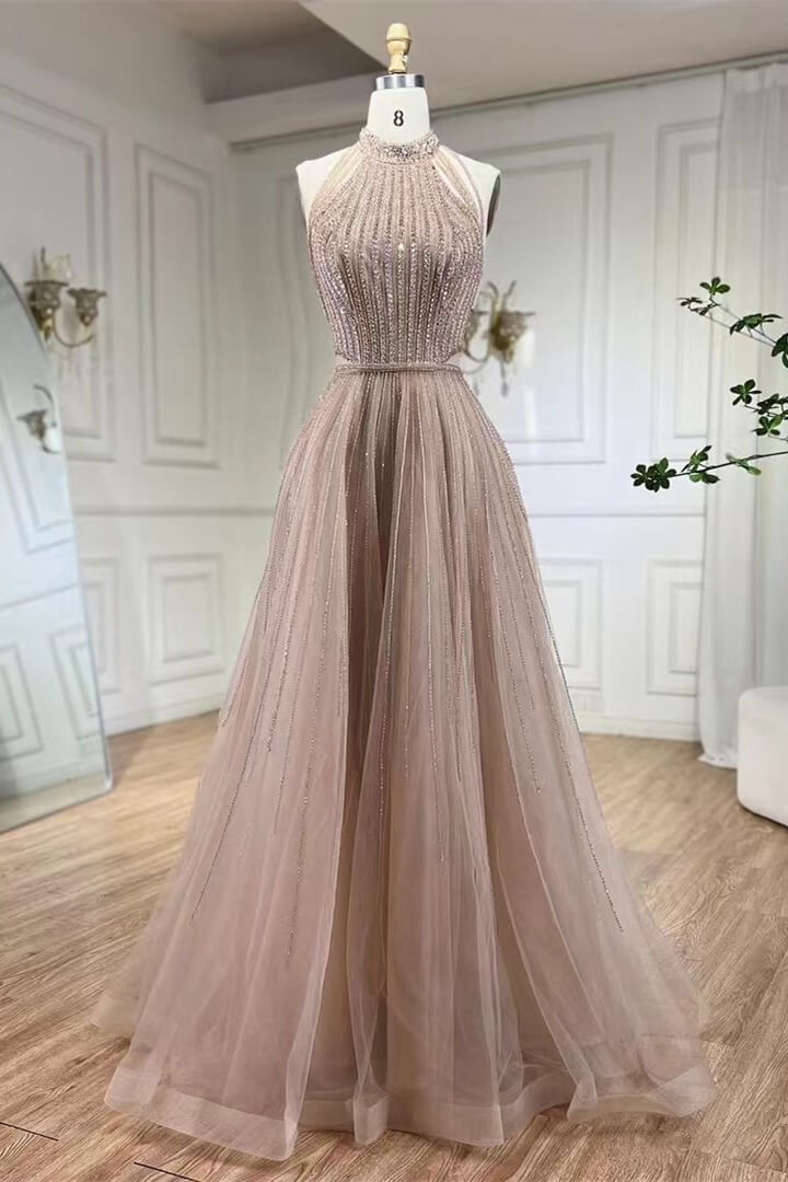 Halter A-Line Evening Gown Prom Dresses Tulle With Beadings Sleeveless