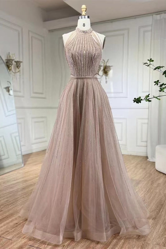 Halter A-Line Evening Gown Prom Dresses Tulle With Beadings Sleeveless