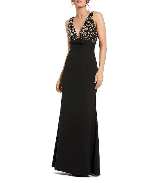 V-Neck Beaded Bodice Crepe Aline Gown Wedding Guest Party Dresses