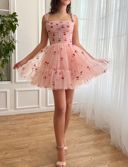 A-line Cherry Lace Appliques Prom Dresses for Women Tulle Wedding Dress lovely Short skirt