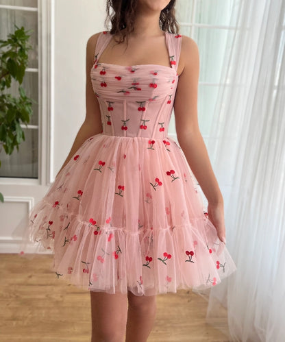 A-line Cherry Lace Appliques Prom Dresses for Women Tulle Wedding Dress lovely Short skirt