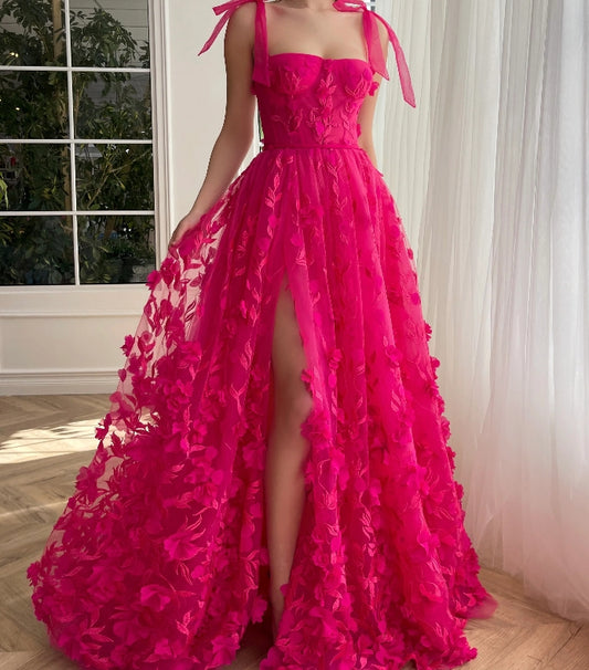 Fuchsia Elegance Lace Prom Dress Women Gown RomanceTulle With Slit