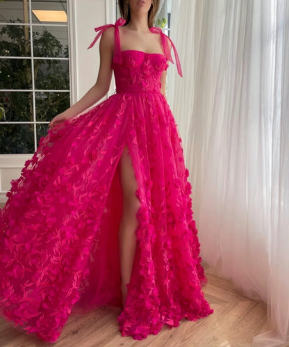 Fuchsia Elegance Lace Prom Dress Women Gown RomanceTulle With Slit