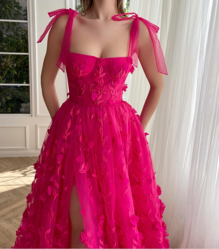 Fuchsia Elegance Lace Prom Dress Women Gown RomanceTulle With Slit