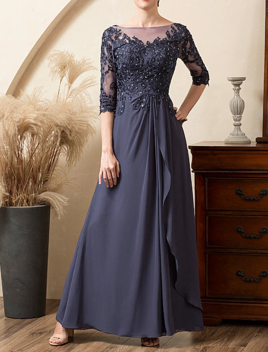 Grey Blue Sparkly Beaded Chiffon Mother of the Bride Dress