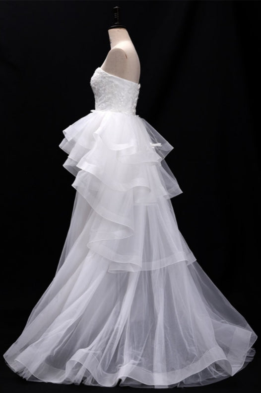 Sequins Lace Strapless Ruffled Ballgown Wedding Dress With Train