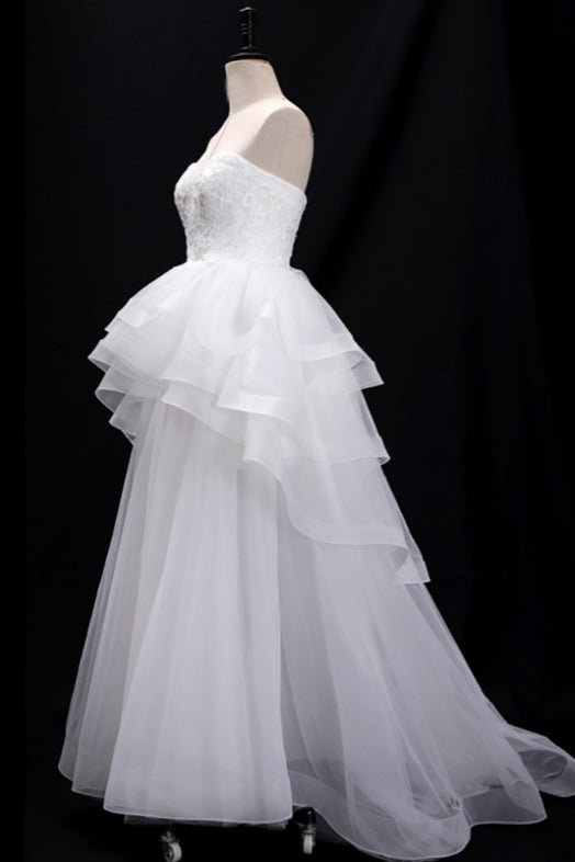 Sequins Lace Strapless Ruffled Ballgown Wedding Dress With Train