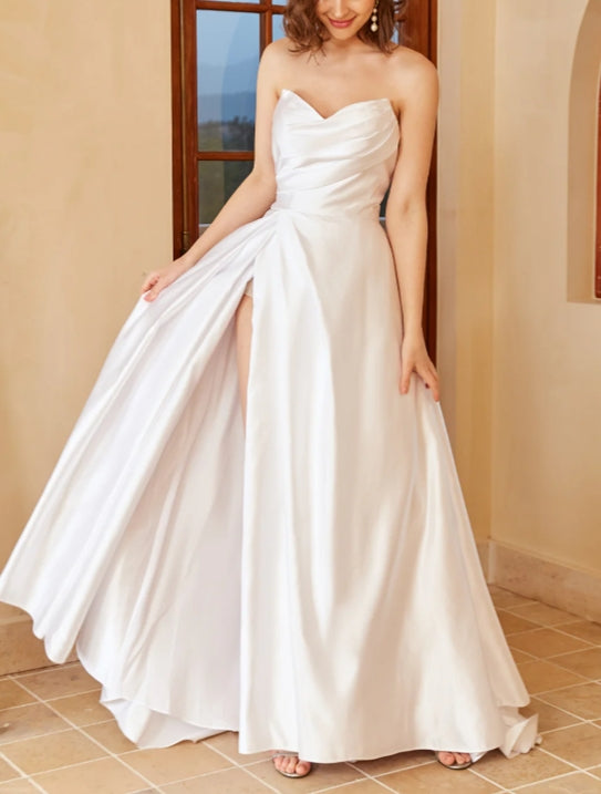 White Satin Sweetheart Strapless Wedding Dress with Slit