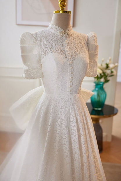 Vintage High Collar White Lace Wedding Dress with Keyhole Back