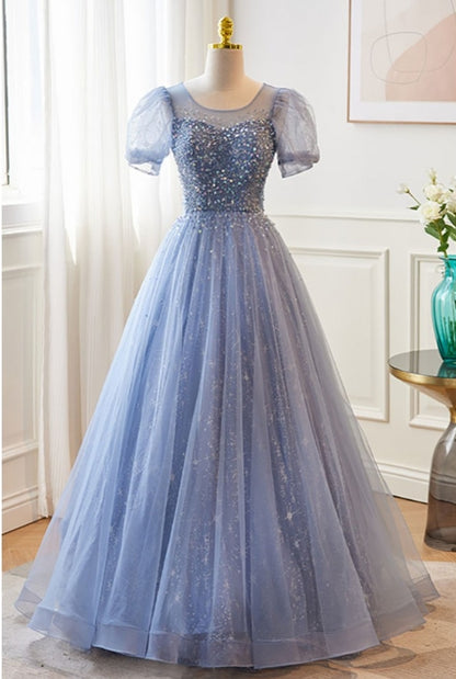 Cute A-Line Modest Blue Bubble Sleeved Ballgown Prom Dress with Sequins