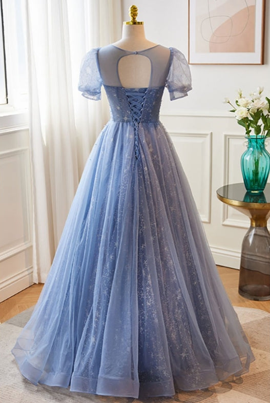 Cute A-Line Modest Blue Bubble Sleeved Ballgown Prom Dress with Sequins