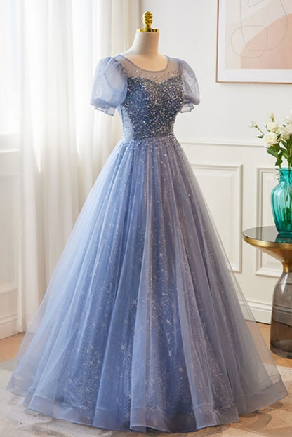 Cute A-Line Modest Blue Bubble Sleeved Ballgown Prom Dress with Sequins