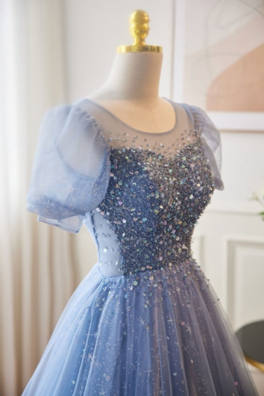 Cute A-Line Modest Blue Bubble Sleeved Ballgown Prom Dress with Sequins