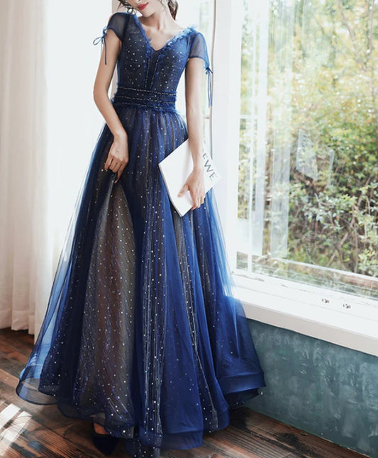 Sparkling Navy Blue A-line Short Sleeves V-neckline Party Dress Tulle Navy Blue Prom Dress