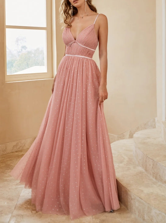 A Line Long Bridesmaid Dress with Ruffles V-Neck Tulle Wedding Guest Party Dress