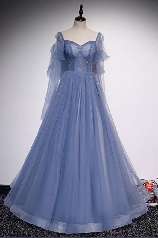 Gorgeous Formal Long Tulle Blue Prom Dress with Sleeves