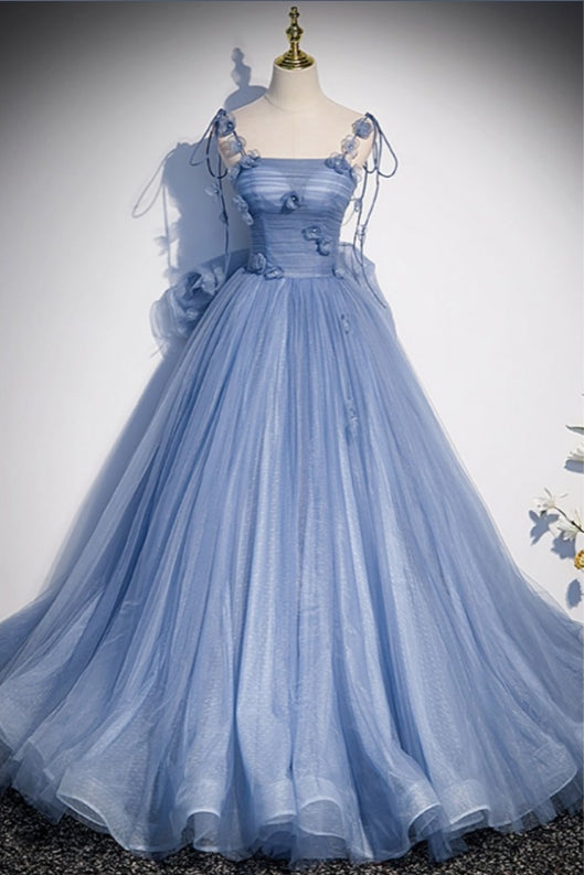 Fairytale Blue Flowers Long Tulle Ballgown Prom Dress With Bow