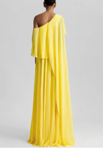 A-Line Evening Gown Wedding Guest Floor Length Sleeveless One Shoulder Chiffon with Ruffles Slit