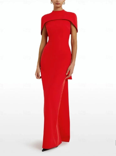 Sheath / Column Evening Gown Formal Sweep / Brush Train Sleeveless Jewel Neck Stretch Crepe