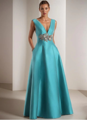 A-Line Prom Dresses Floor Length Sleeveless V Neck Pocket Satin with Appliques