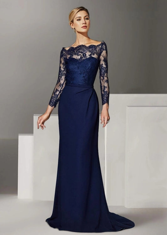 Mermaid / Trumpet Mother of the Bride Dress Off Shoulder Floor Length Lace Stretch Chiffon Long Sleeve with Lace Ruching