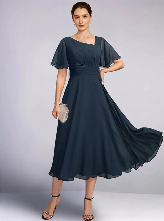 A-Line Mother of the Bride Dress V Neck Tea Length Chiffon 3/4 Length Sleeve