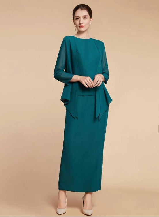 Simple Jewel Neck Mother of the Bride Dress Wedding Guest Elegant Ankle Length Chiffon Long Sleeve with Split Front Ruching Solid Color