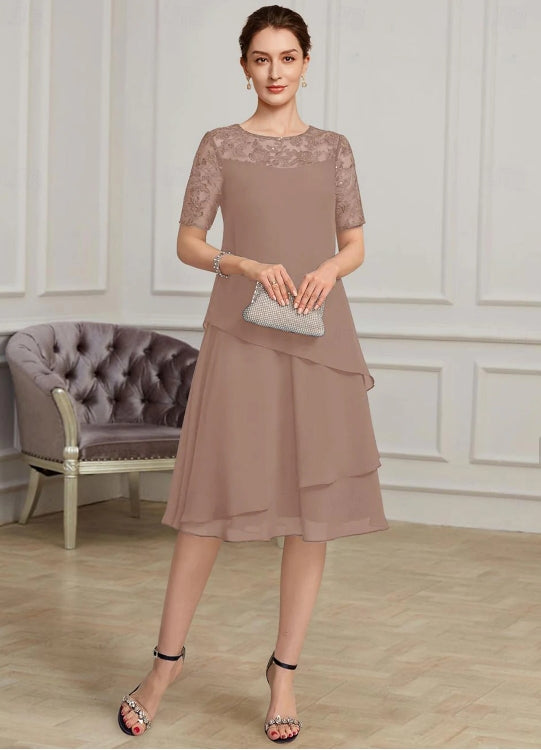 A-Line Mother of the Bride Dress Wedding Guest Formal Jewel Neck Tea Length Chiffon With Lace