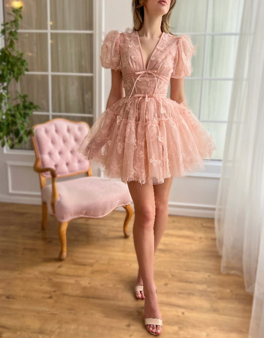 Cute A-Line V-Neck Prom Dress Tulle 3D Butterfly Homecoming Dress