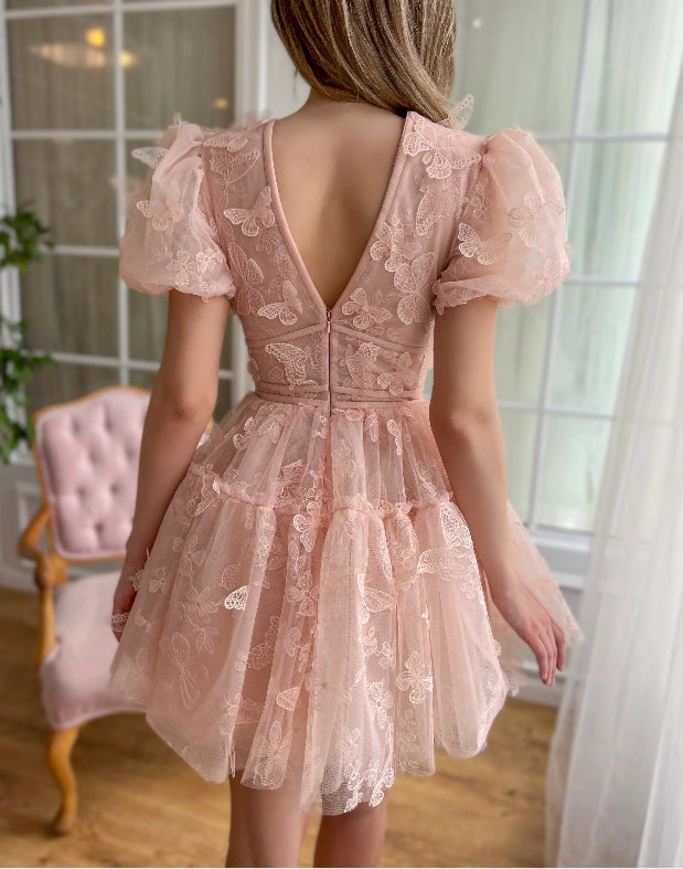 Cute A-Line V-Neck Prom Dress Tulle 3D Butterfly Homecoming Dress