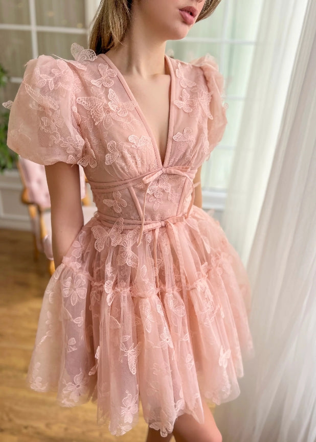 Cute A-Line V-Neck Prom Dress Tulle 3D Butterfly Homecoming Dress