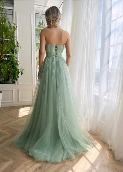 Strapless A-Line Princess Corset Tulle Floor-length Prom Dress With Slit