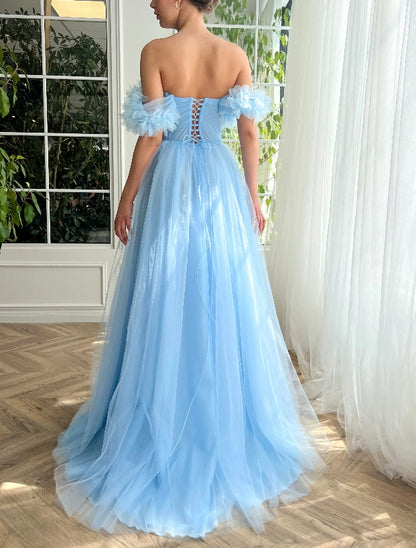 Sky Blue Off Shoulder Floor-length Princess Tulle Prom Dress With Slit