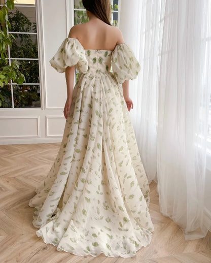 Ethereal Organza Floral Bubble Sleeved Floor-length Ballgown Prom Dress