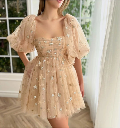 Cute A-Line Ivory Starlight Off Shoulder Mini Dress Ruffles Glitter Prom Dress Homecoming Dress