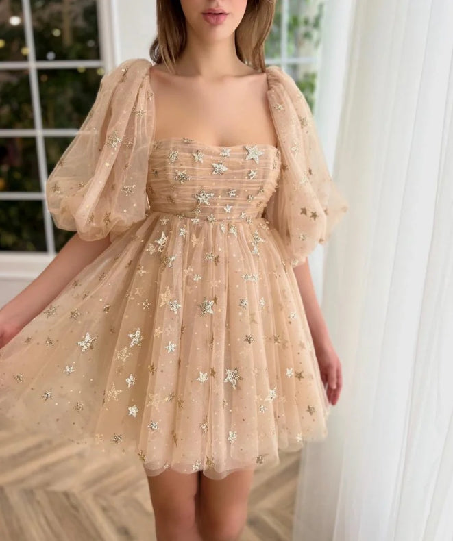 Cute A-Line Ivory Starlight Off Shoulder Mini Dress Ruffles Glitter Prom Dress Homecoming Dress