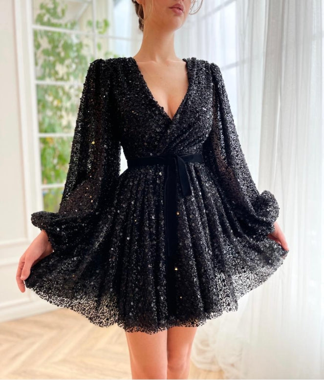 Cute A-Line V-Neck Black Mini Dress Sequins/Sparkling Homecoming Dress