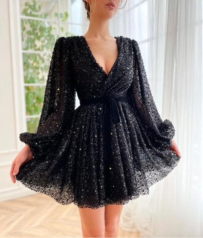 Cute A-Line V-Neck Black Mini Dress Sequins/Sparkling Homecoming Dress