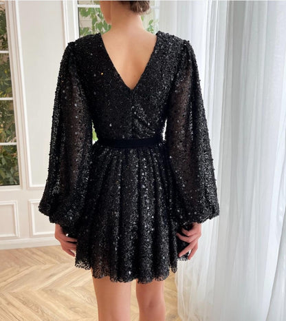 Cute A-Line V-Neck Black Mini Dress Sequins/Sparkling Homecoming Dress