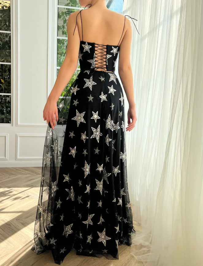 Two-piece Cute A-Line Tulle Stars Floor-length Sweetheart Prom Dress With Slit