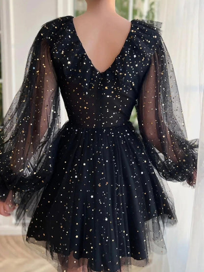 A-line V Neck Long Sleeve Short/Mini Tulle Homecoming Dress with Sequins