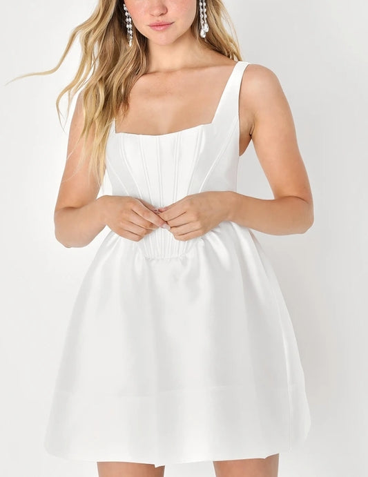 Cute A-Line Bubbly White Taffeta Corset Mini Dress Homecoming Dress