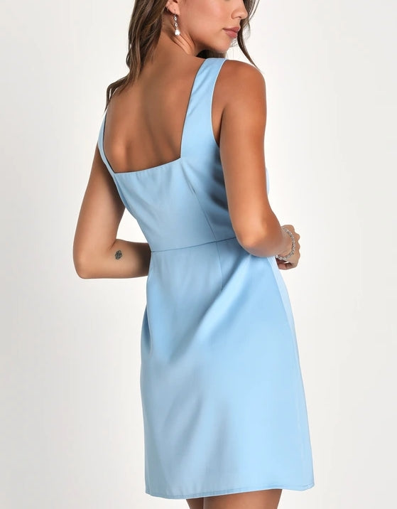 Cute A-Line Light Blue Satin Square Neck Mini Dress Homecoming Dress