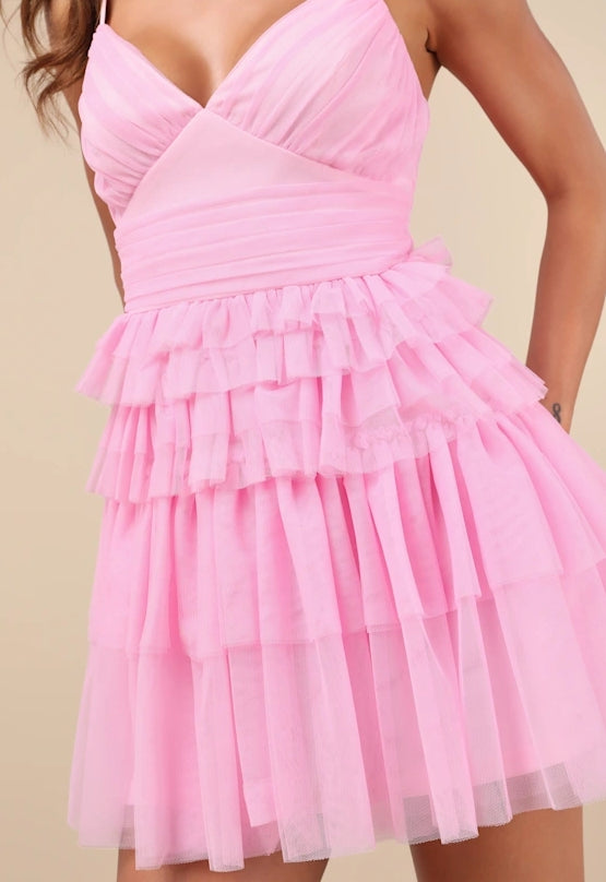 Cute A-Line Pink Tulle Pleated Sleeveless Tiered Mini Dress Homecoming Dress