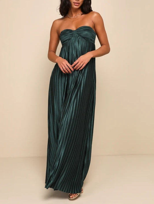 Beauty Emerald Green Satin Plisse Strapless Maxi Dress Wedding Guest Dresses