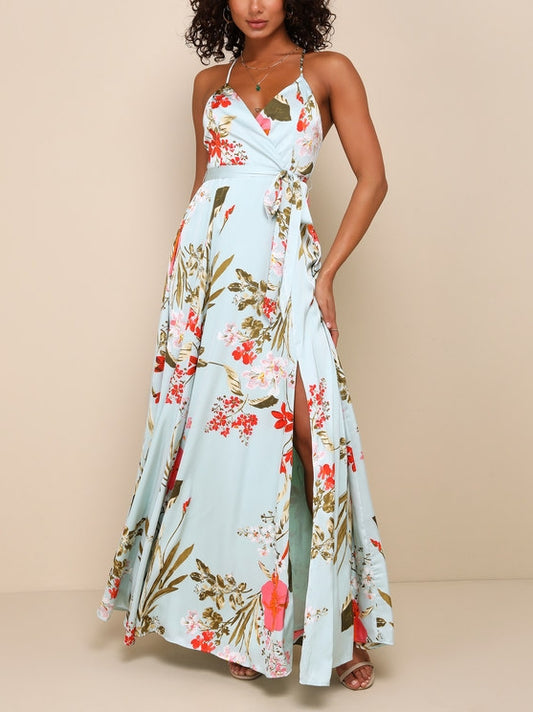 Spaghetti Strap Sage Green Floral Print Satin Maxi Dress Wedding Guest Party Dresses