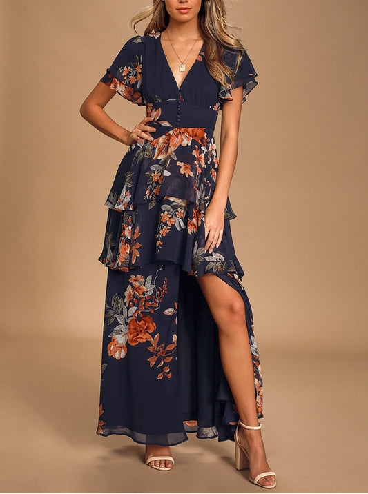 Navy Blue Floral Print Tiered Maxi Dress Wedding Guest Party Dresses