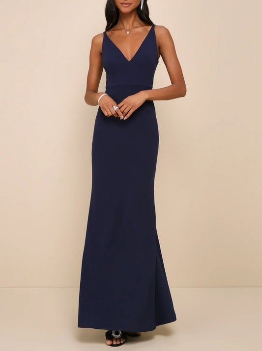 Deep V-Neck Navy Blue Sleeveless Maxi Dress Wedding Guest Party Dresses