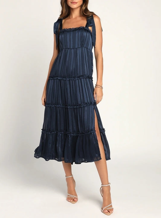 Navy Blue Tie-Strap Tiered Midi Dress Tea length Wedding Guest Party Dresses